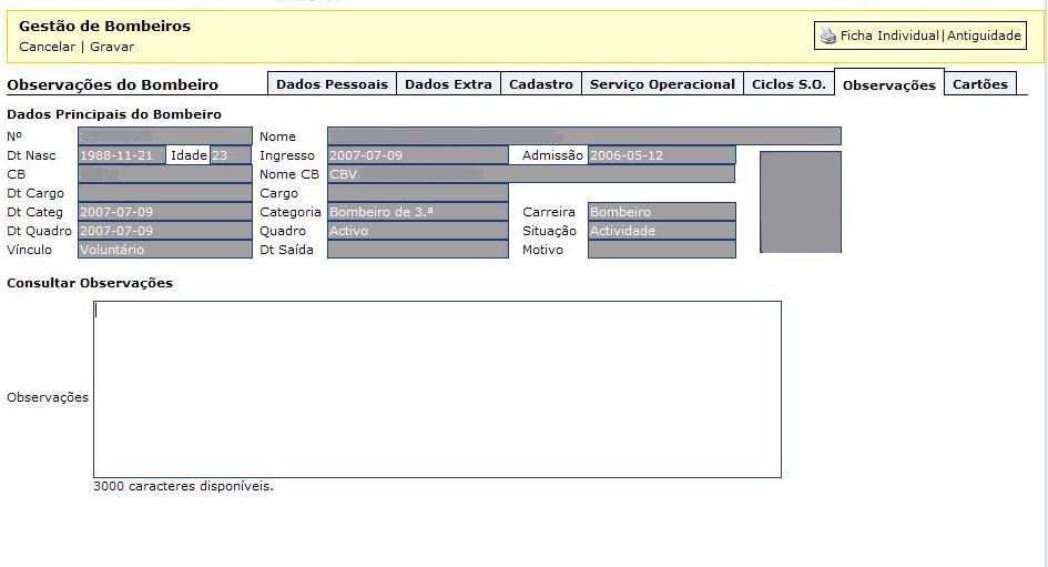 2 Depois de escrever as observações pretendidas, clicar em Gravar. 2.3.2.7. Cartões Neste separador pode solicitar a emissão de cartões de identificação de bombeiros.