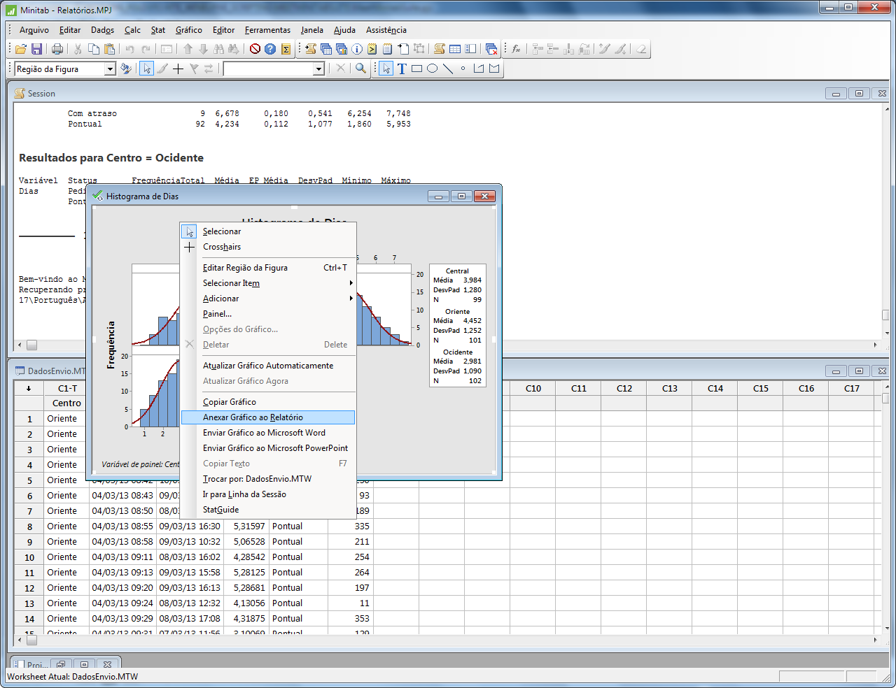 Geração de relatórios 1. Selecione Arquivo > Abrir um Projeto. 2. Va para C:\Program Files\Minitab\Minitab 17\Português\Dados Amostrais\Introdução.