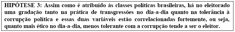 13 Essa hipótese, se comprovada, demonstra que o discurso da opinião pública brasileira sobre corrupção política, com rejeição declarada aos que a praticam, não corresponde totalmente às atitudes (e