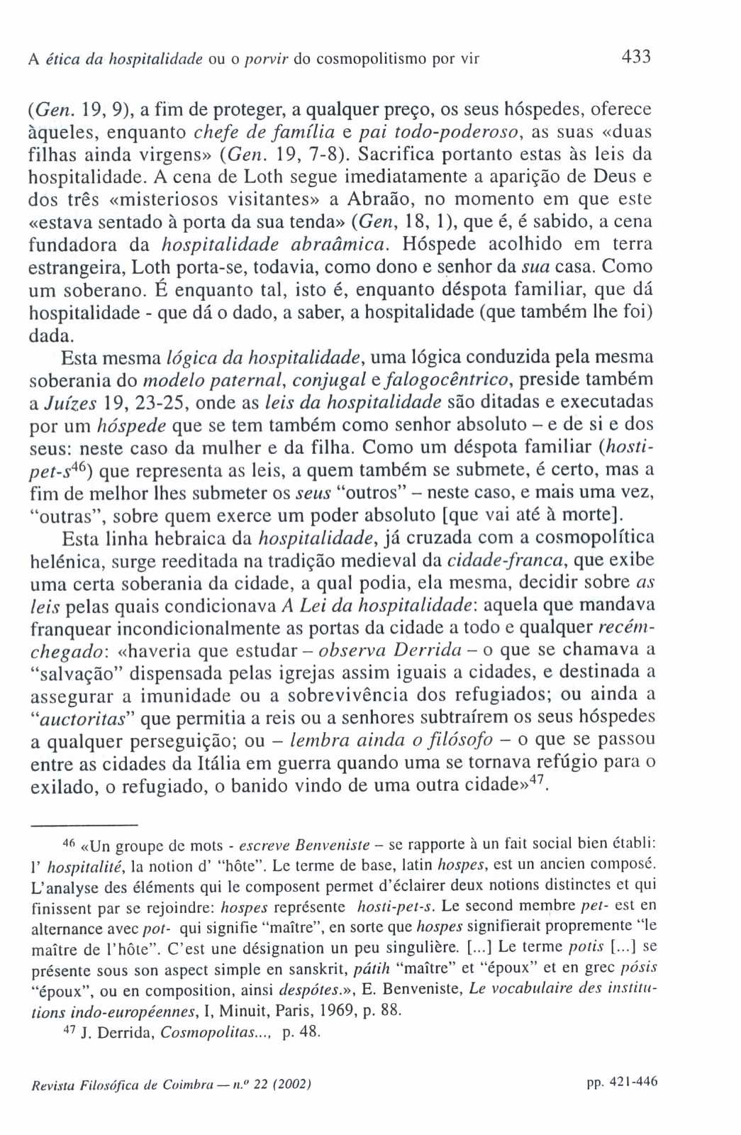 A ética da hospitalidade ou o porvir do cosmopolitismo por vir 433 (Gen.