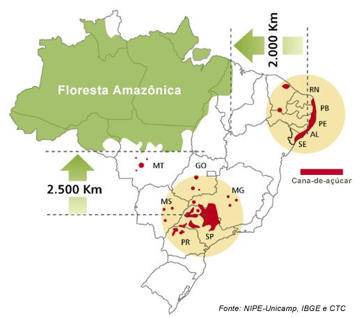 Figura 1 - Áreas de plantações e usinas produtoras de etanol e açúcar no Brasil.