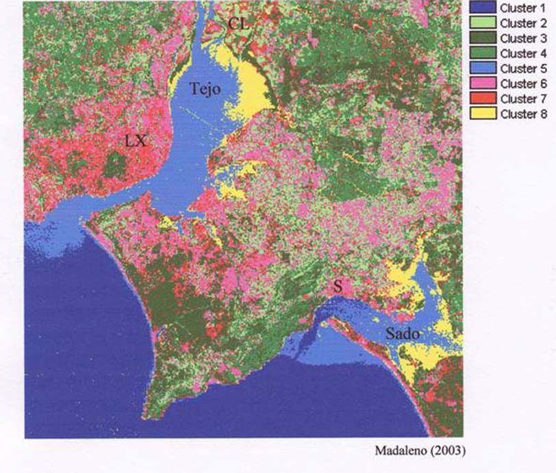 Fig. 1 - A Área Metropolitana de Lisboa (Imagem Landsat 2000) CL = Companhia das Lezírias (Lezíria Grande de Vila Franca de Xira) LX = Cidade de Lisboa S = Cidade de Setúbal Clusters verdes = campos