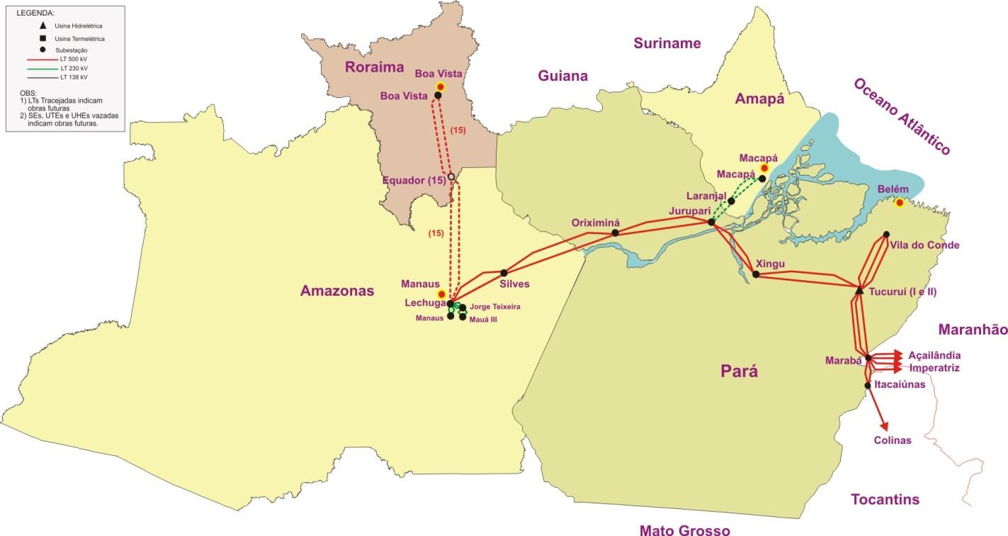 Figura 4-12: Diagrama Eletrogeográfico da Interligação Tucuruí Macapá - Manaus Inicialmente, o sistema de Manaus foi integrado ao SIN, com uma configuração provisória, onde a