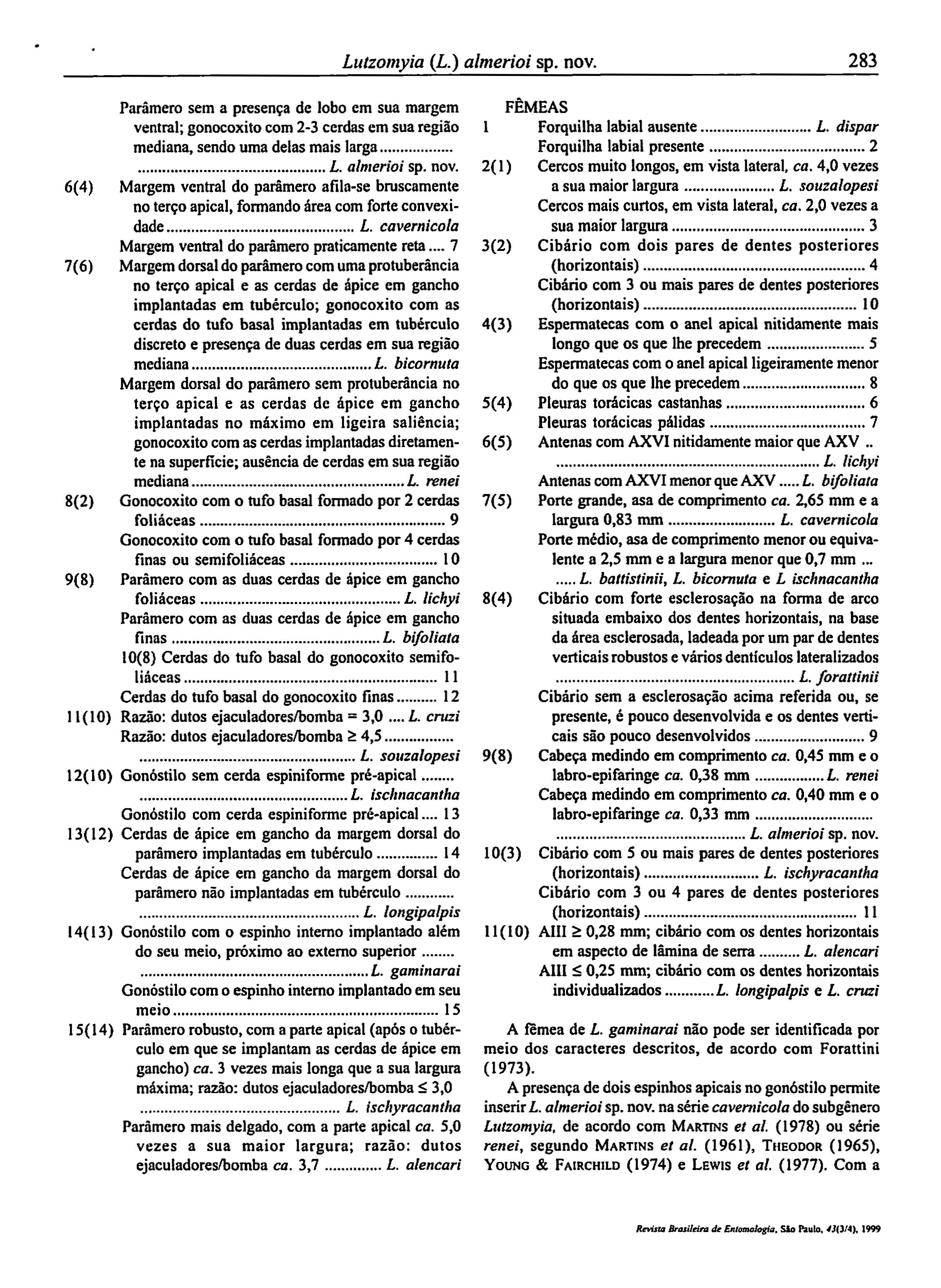 LUlzomyia (L.) a/merioi sp. novo 283 Parâmero sem a presença de lobo em sua margem ventral; gonocoxito com 2-3 cerdas em sua região mediana, sendo uma delas mais larga.... L. aln/erioi sp.