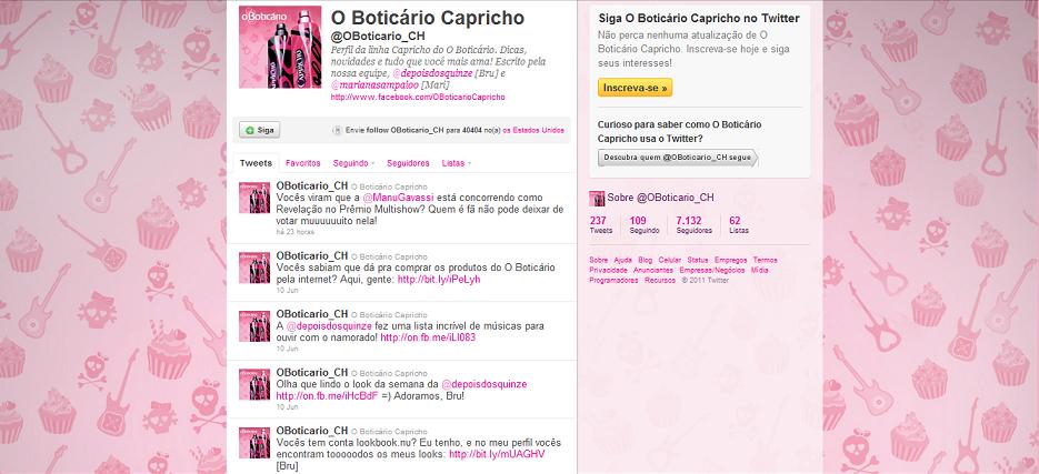 Figura 27 Perfil da linha Capricho no Twitter (printscreen do dia 12 de junho de 2011) O perfil da linha Mamie Bella no Twitter (www.twitter.com/boticariomen) conta com quase 1.