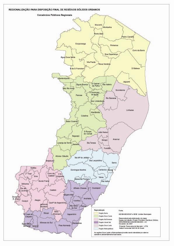 Sistemas Regionais Estudos realizados pelo Governo do Estado dividiram o Espírito Santo em seis regiões: Metropolitana, Doce Leste, Norte, Doce Oeste, Sul Serrana e Litoral Sul.