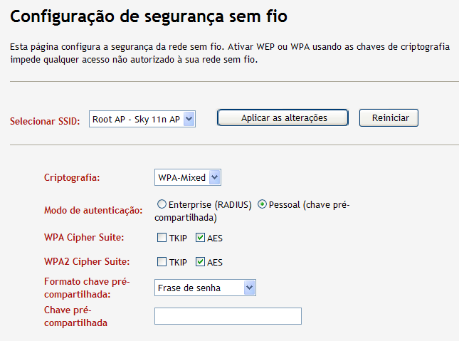 Sem Fio - Segurança Nesta página você pode especificar a senha para sua rede Wi-Fi: 1. Escolha um método de criptografia da lista suspensa Criptografia.