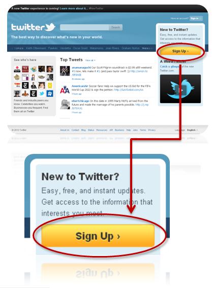 Twitter 1. Clique em Sign Up ; 2. Informe os seguintes dados: - nome completo (Ful name) - nome de usuário (Username) - senha (Password) e E-mail; 3.