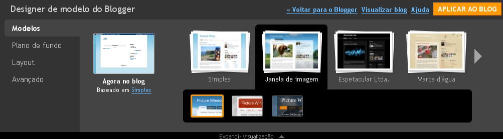Defina a aparência do seu Blog através da escolha do Modelo, Plano de fundo e layout; - Após selecionar as opções desejadas, clique em Aplicar ao Blog