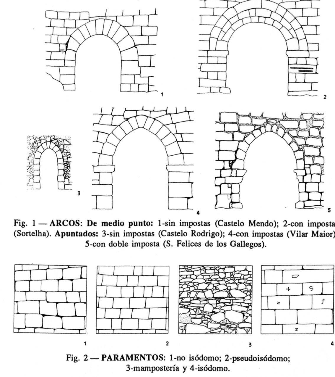 Figura a) Alguns exemplos de arcos apontados em castelos ribacudanos e tipos de aparelhos construtivos da não-isodomia aos aparelhos isódomos 473 Em relação aos torreões que passam a proteger as
