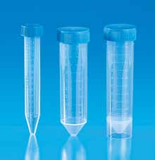 Disposable tubes with round or conical bottom, with rim, for laboratory use. Made of PS or. Can be used in centrifuge.