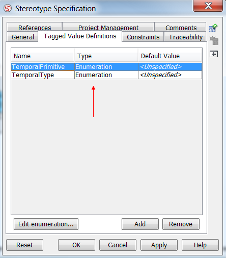 Selecione o tagged value TemporalType e depois clique no botão Edit enumeration.