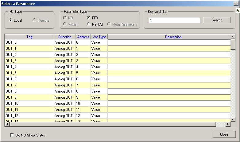 O LogicView for FFB Fig 3. 70 Seleção de parâmetros O LogicView for FFB filtrará os tipos de parâmetros compatíveis com o metaparâmetro a ser substituído.