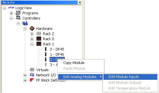 O LogicView for FFB Fig 3. 187 - Configurando Módulos de Entradas Analógicas Irá aparecer a janela mostrada na figura a seguir, onde poderão ser alteradas as configurações do módulo.