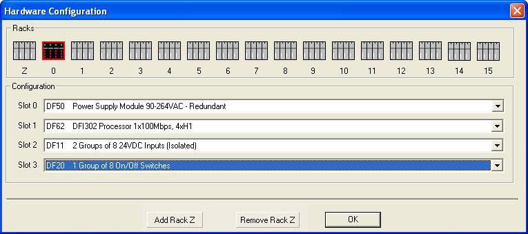 Manual do Usuário Fig 4. 2 Configuração do Hardware (1) No rack 0 já estarão o DF50 e o DF62 que são, respectivamente, a fonte de alimentação e o controlador.