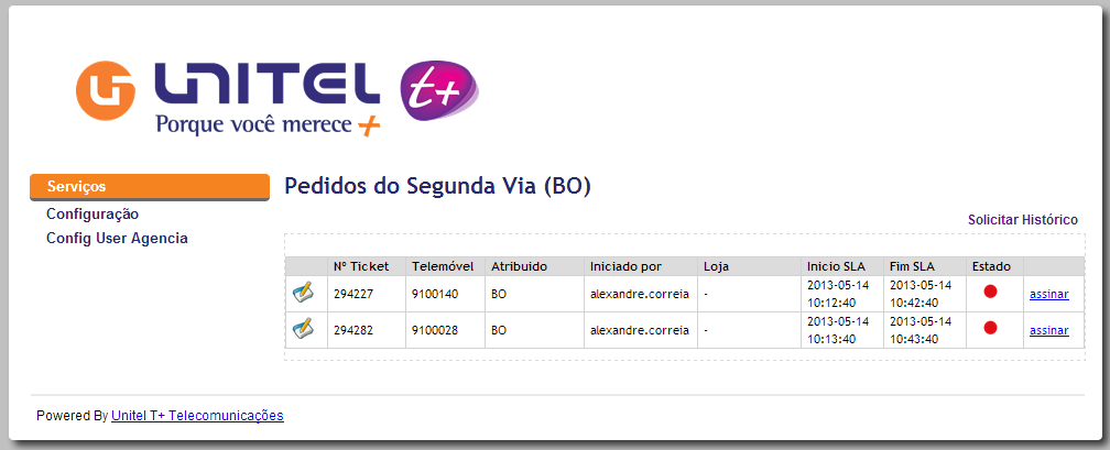 A figura abaixo ilustra a interface Pedidos de Segunda Via (BO) que é usado pelos utilizadores do Back Office para completar uma tarefa ou pesquisar por histórico de um processo.