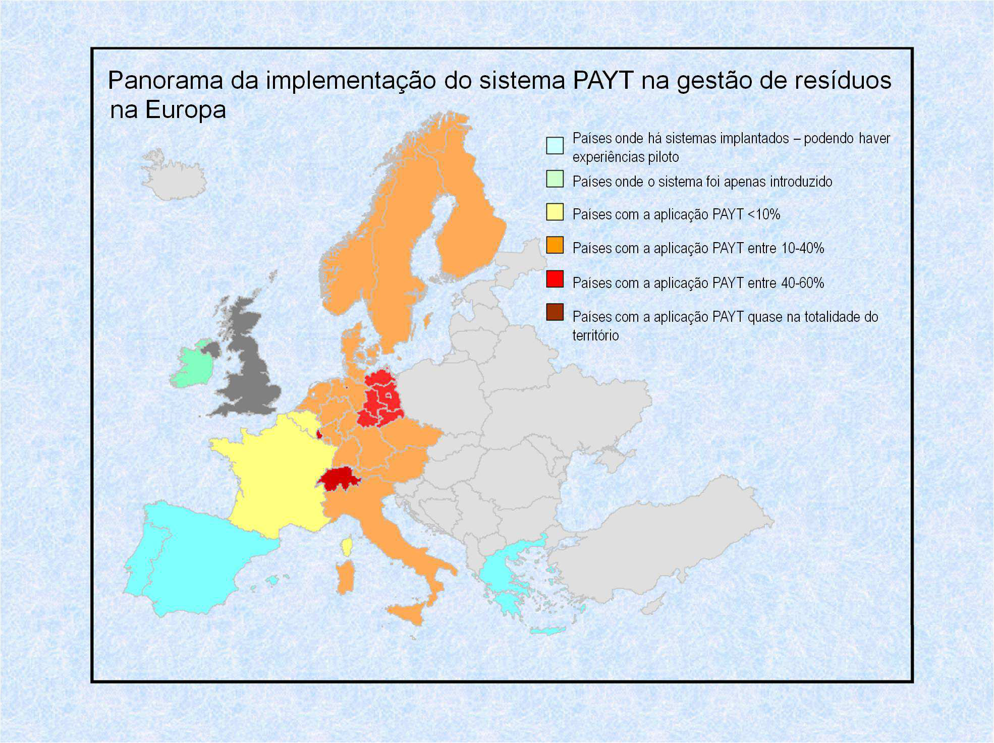 Figura II.6. Aplicação do PAYT em 2004 na Europa (Bilitewski et al. 2004).