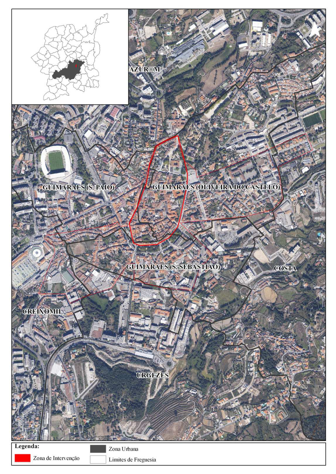 Conforme é descrito no Plano Municipal de Emergência de Guimarães (CMG, 2009), o concelho de Guimarães possui uma área de 241,05 km², distribuídos pelas suas 69 freguesias das quais se destacam nove