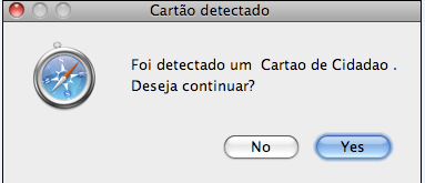 2.1.2 Certificado Digital detectado (cartão/token): Irá aparecer uma mensagem a indicar que foi detectado um Smart card ou Token. Se escolher No nada acontecerá. Se escolher Yes o processo continuará.