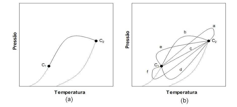 Figura 2.6b apresenta os seis tipos de curvas críticas continuas possíveis para a mistura binária Tipo I. Sistemas cujas linhas críticas são do subtipo a são tipicamente azeotrópicos.