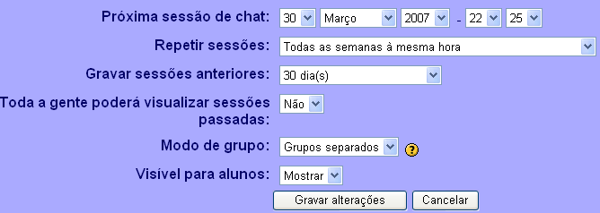 3. Defina a data e a frequência das sessões conforme a imagem. 4. Depois de seleccionadas as opções pretendidas clique em Gravar alterações.