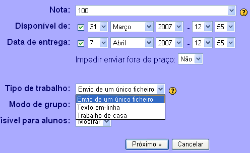 trabalho, a Data de entrega e o Tipo de