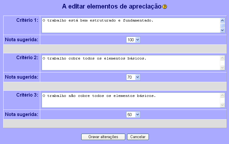 A título exemplificativo, se tiver 3 elementos de avaliação e se atribuir ao primeiro o peso 2, ao segundo peso 1 e ao terceiro peso 1, no caso de uma avaliação resultar em