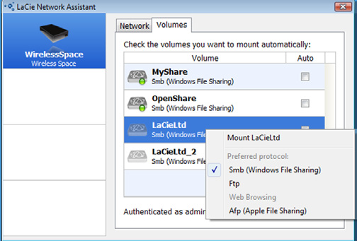 O LaCie Network Assistant prevê um ícone para o informar que a partilha ou o volume USB está instalado (Fig. 42).
