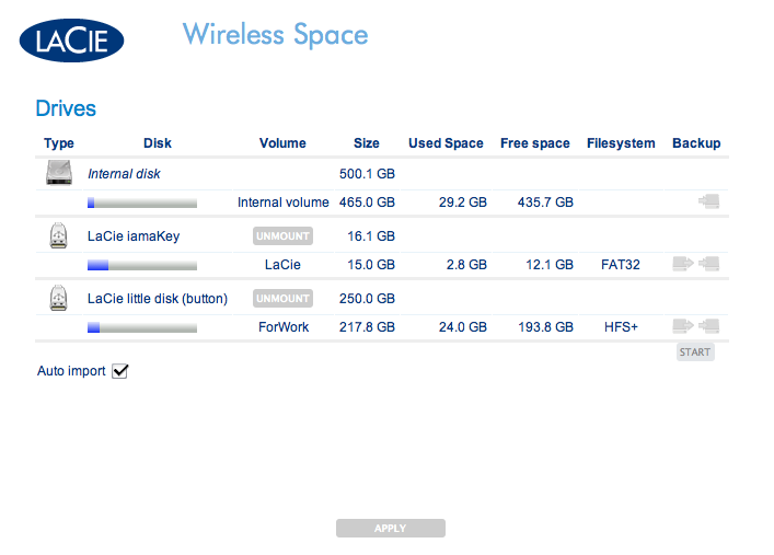 Administrar o LaCie Wireless Space Manual do Utilizador página 51 Importar automaticamente Fig. 72 tem dois discos rígidos USB ligados ao Wireless Space.