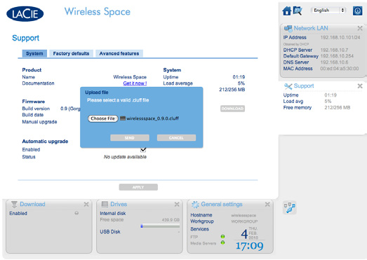 Administrar o LaCie Wireless Space Manual do Utilizador página 53 3. Escolha SEND (enviar) para actualizar o Wireless Space (Fig.