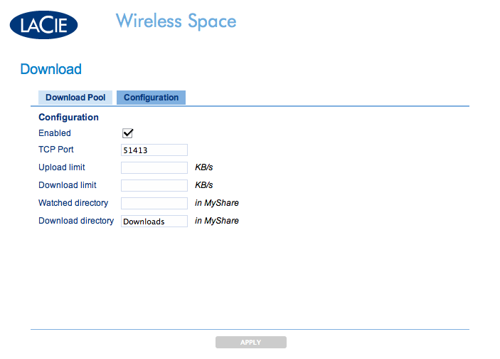 Administrar o LaCie Wireless Space Manual do Utilizador página 55 3.6.9. Dashboard: Download (Transferência) Guarde ficheiros do torrent directamente para o MyShare com a página de transferência.