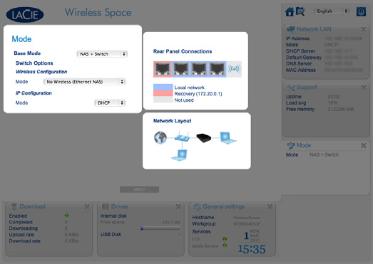 Administrar o LaCie Wireless Space Manual do Utilizador página 57 3.6.10. Dashboard: Modo Para visualizar a configuração Wireless Space actual, seleccione a página Modo.