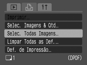 151 Todas as Imagens de um Cartão de Memória Será definida a impressão de uma cópia de cada imagem. 1 Seleccione [Selec. Todas Imagens]. 1. Carregue no botão MENU. 2.