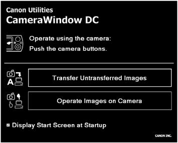 [CameraWindow], [CameraWindow] e [CameraWindow]. CameraWindow aparece. Macintosh Quando estabelecer uma ligação entre a câmara e o computador, aparece CameraWindow.