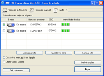 Ligar a um projetor numa rede e projectar 23 Utilizar o ecrã de ligação Quando o sistema inicia no modo Ligação rápida. Clique em EasyMP Network Projection para visualizar o ecrã que se segue.