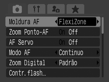 138 Mover o Ponto AE para a Moldura AF/ Centrar o Ponto AE 1 Seleccione [FlexiZone]. 1. Carregue no botão MENU. 2.