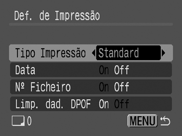 As definições de Data e Nº Ficheiro variam de acordo com o tipo de impressão, como se mostra a seguir. - [Índice]: Não pode definir [Data] e [Nº Ficheiro] para [On] ao mesmo tempo.