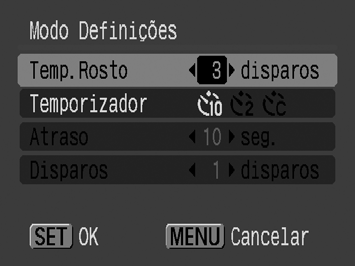 78 2 Defina o número de disparos. 1. Carregue no botão MENU. 2. No menu, utilize o botão ou para seleccionar [Modo Definições]. 3. Carregue no botão. 4. Utilize o botão ou para seleccionar [Temp.