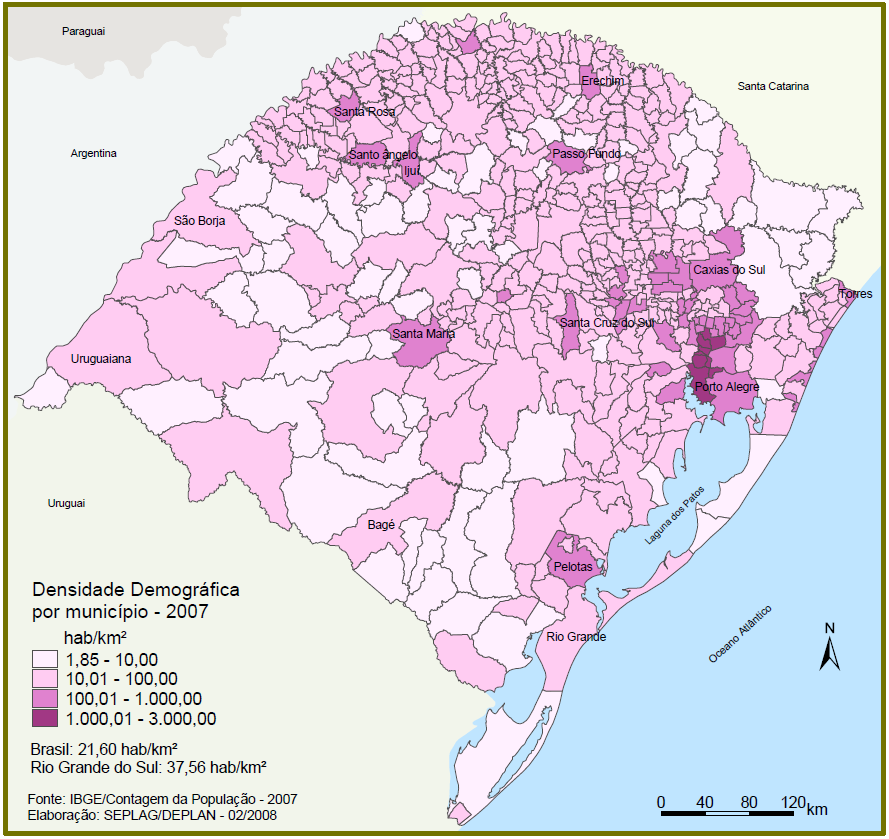 Figura 16 - Densidade demográfica por município - RS 2007 Fonte: