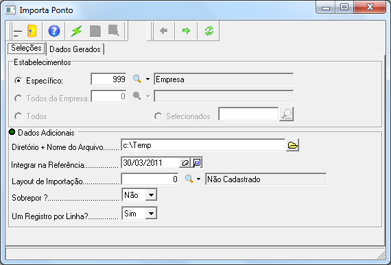 E nos dados adicionais informará o caminho onde está localizado o arquivo ponto, a data de refência de importação do ponto,