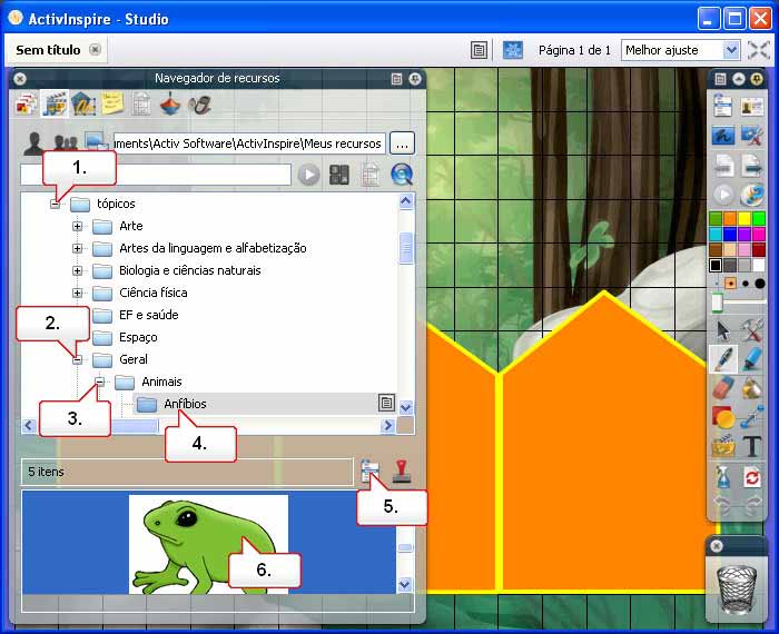 Tutorial 5 - Adicionar imagens do Navegador de recursos 01. No Navegador de recursos, abra a pasta Assuntos. 02. Abra a pasta Geral. 03. Abra a pasta Animais. 04. Clique na pasta Anfíbios. 05.