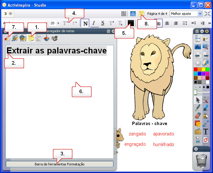 Tutorial 4 - Adicionar notas de página 01. Abra o Navegador de notas. 02. Clique na janela e digite Extrair palavras-chave. 03.