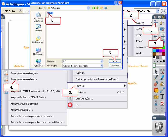 Tutorial 5 - Importar arquivos do PowerPoint 01. Clique no botão Menu principal. 02. Selecione Arquivo. 03. Selecione Importar. 04. Selecione Powerpoint como objetos.