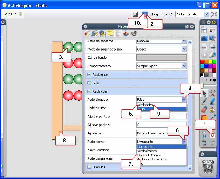 Tutorial 16 - Restrições - Horizontalmenbte 01. Abra 7_16.flipchart e mova as contas no ábaco. Quando concluir, use o botão Redefinir página. 02. Clique no botão Modo de design. 03.