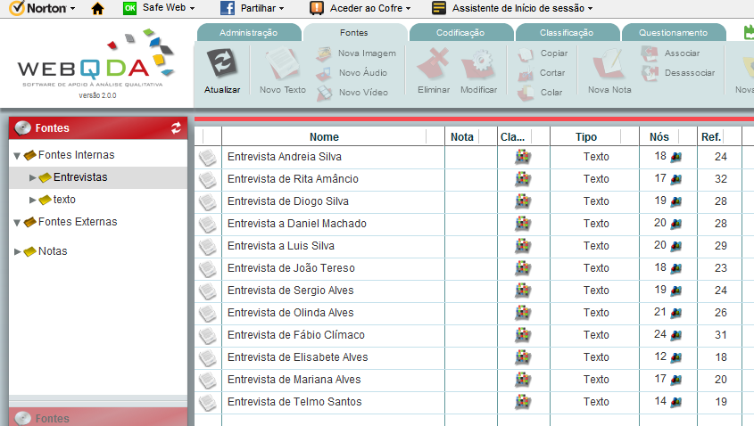 6. Software de Trabalho Para a análise das entrevistas foi utilizado o software WebQDA que é uma aplicação informática, que permite a inserção e a organização de dados