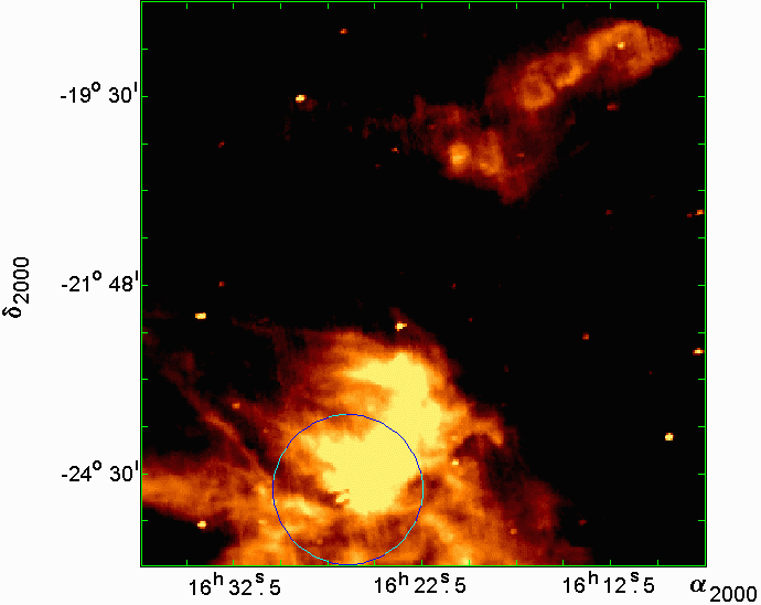5 Imagem óptica da nuvem localizada em Ophiucus. A região marcada com um círculo mostra a parte mais densa da nuvem, denominada ρ Ophiuchi.