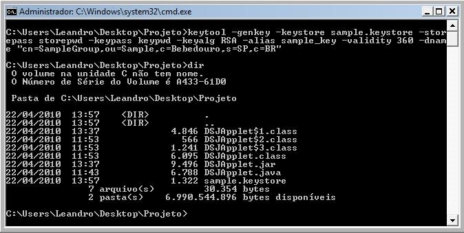 Assinando o jar. jarsigner -keystore sample.