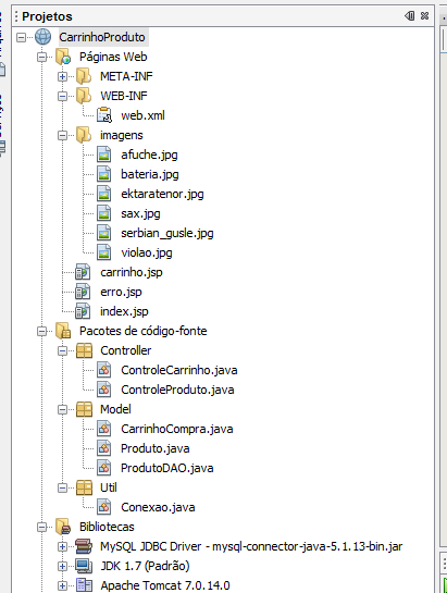 2. Crie um novo projeto web no NetBeans chamado CarrinhoProduto de acordo com a estrutura abaixo: Esta pasta com as imagens esta na rede Paginas JSP s Servlet s Classes Java Configura conexão com o