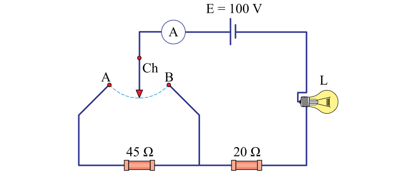 Questão 1 O circuito representado na figura é utilizado para obter diferentes intensidades luminosas com a mesma lâmpada L. A chave Ch pode ser ligada ao ponto A ou ao ponto B do circuito.