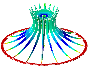 Figura 7: Modelo da estrutura da Catedral no Ansys - elementos sólidos, com detalhes dos anéis de compressão